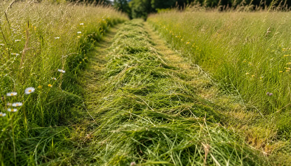 Frisch gemähte Bahn in einer hohen Sommerwiese